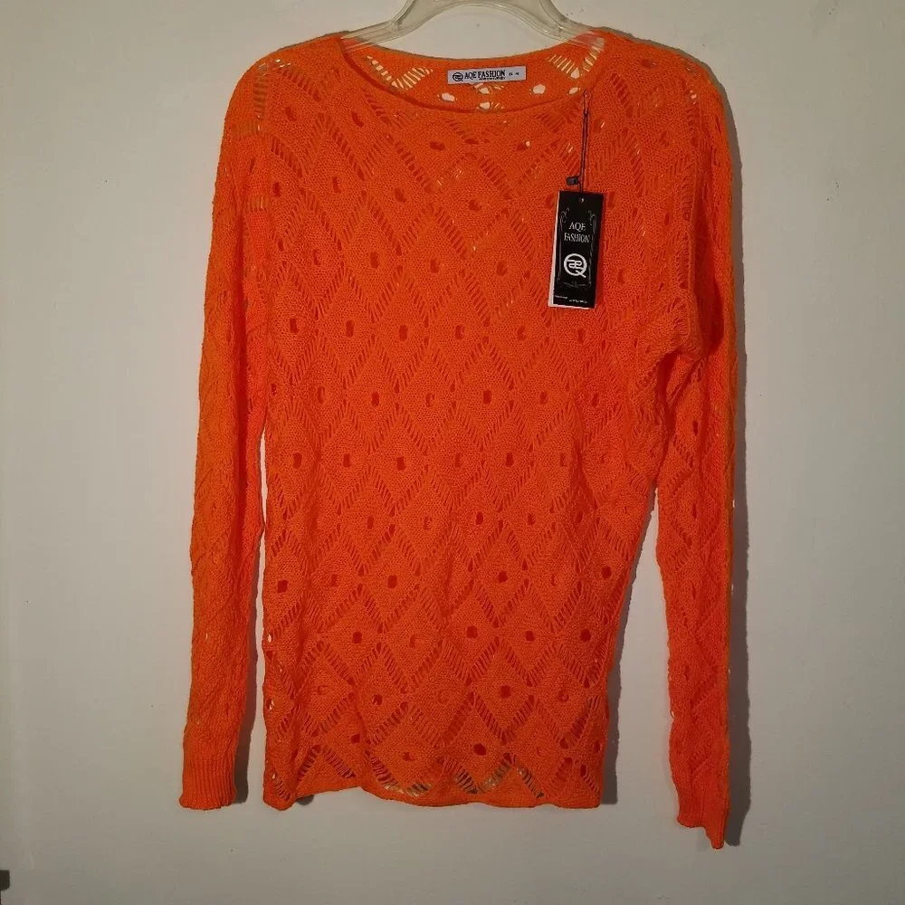 Knitted Orange Open Weave Long Sleeve Pullover Sweater NWT Medium